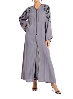 ROZA Front Open Embroidered Sleeve Abaya Grey/Black  - Image 1