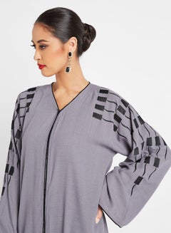 ROZA Front Open Embroidered Sleeve Abaya Grey/Black  - Image 3