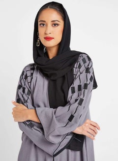ROZA Front Open Embroidered Sleeve Abaya Grey/Black  - Image 4