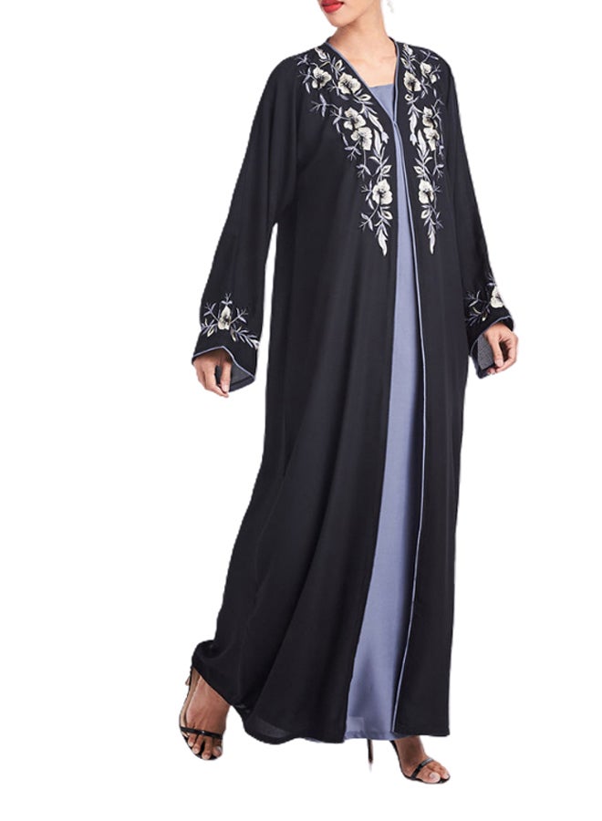 ROZA - Floral Embroidered Front Open Abaya Black/Blue/White - Image 1