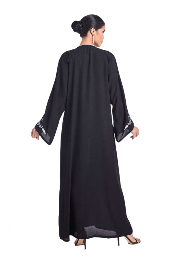 ROZA - Floral Embroidered Front Open Abaya Black/Blue/White - Image 1