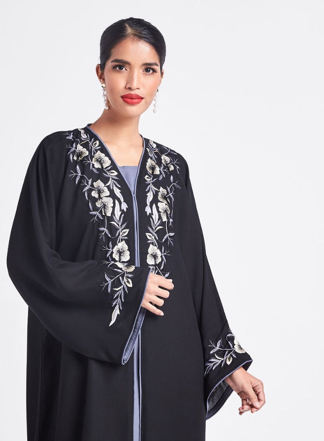 ROZA - Floral Embroidered Front Open Abaya Black/Blue/White - Image 1
