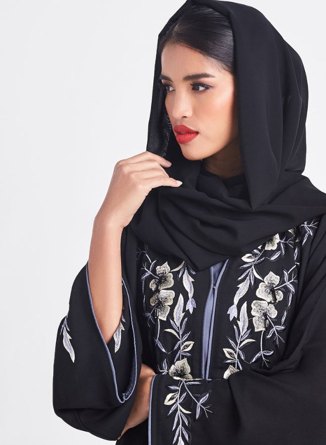ROZA - Floral Embroidered Front Open Abaya Black/Blue/White - Image 1
