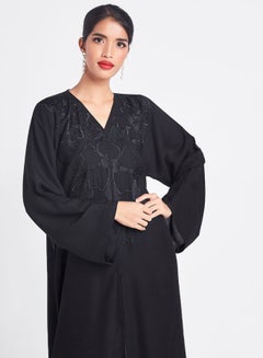 ROZA Floral Embroidered Front Open Abaya Black  - Image 3