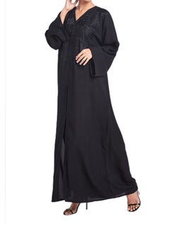ROZA Floral Embroidered Front Open Abaya Black  - Image 1