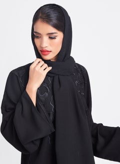 ROZA Floral Embroidered Front Open Abaya Black  - Image 4