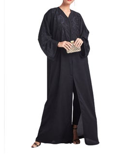 ROZA Floral Embroidered Front Open Abaya Black  - Image 1