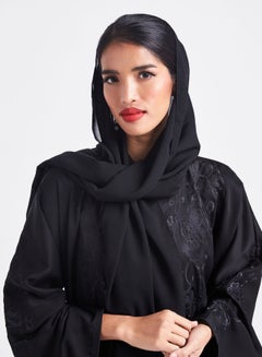 ROZA Floral Embroidered Front Open Abaya Black  - Image 4