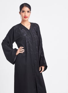 ROZA Floral Embroidered Front Open Abaya Black  - Image 3
