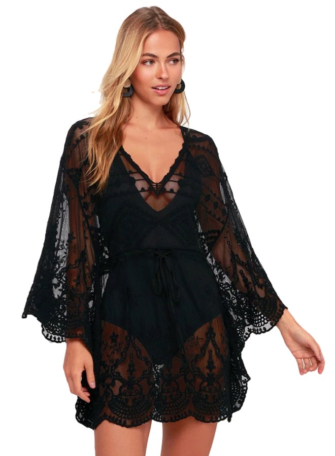 جوي شيك رداء يغطي لباس البيكيني من الدانتيل شبه الشفاف أسود - Image 1