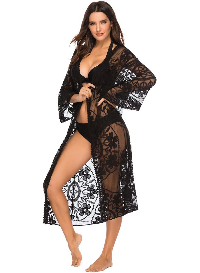 Joychic Lace Semi-Sheer Open Front Cover-Up Black  - Image 1
