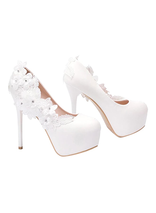 Flower Decor Platform Pumps White  - Image 2