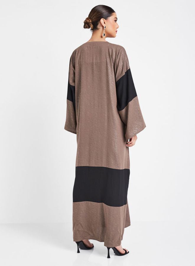 Bousni Self Print Design Casual Abaya Brown/Black  - Image 2