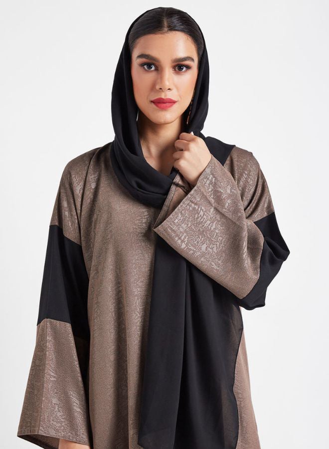 Bousni Self Print Design Casual Abaya Brown/Black  - Image 4