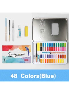 Generic 48 Colors Solid Watercolors Paints Set Pigment Drawing Painting With Water Brush Paintbrush Pencil Sponge Watercolor Paper For Artists Beginners Students Adults Blue  - Image 1