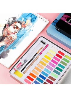 Generic 48 Colors Solid Watercolors Paints Set Pigment Drawing Painting With Water Brush Paintbrush Pencil Sponge Watercolor Paper For Artists Beginners Students Adults Blue  - Image 3