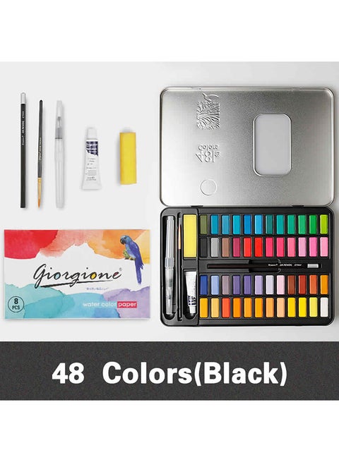 48 Colors Solid Watercolors Paints Set Pigment Drawing Painting With Water Brush Paintbrush Pencil Sponge Watercolor Paper For Artists Beginners Students Adults Black