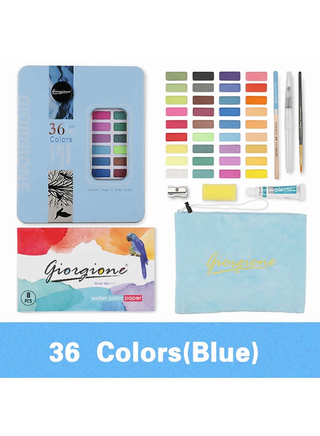 Generic 36 Colors Solid Watercolors Paints Set Pigment Drawing Painting With Water Brush Paintbrush Pencil Sponge Watercolor Paper For Artists Beginners Students Adults Blue  - Image 1