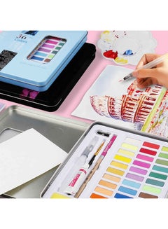Generic 36 Colors Solid Watercolors Paints Set Pigment Drawing Painting With Water Brush Paintbrush Pencil Sponge Watercolor Paper For Artists Beginners Students Adults Blue  - Image 2