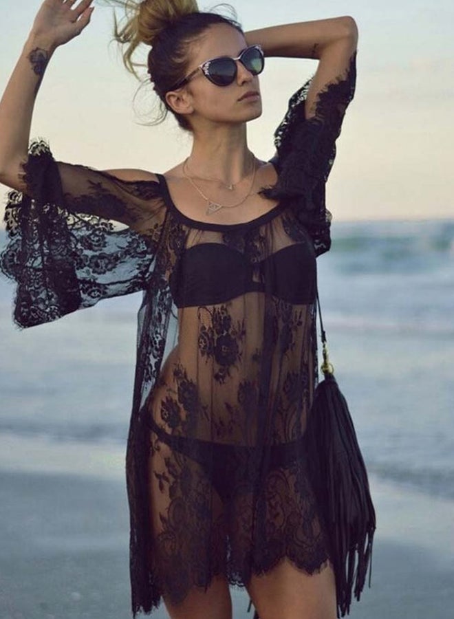 رداء للشاطئ من البوليستر أسود - Image 4
