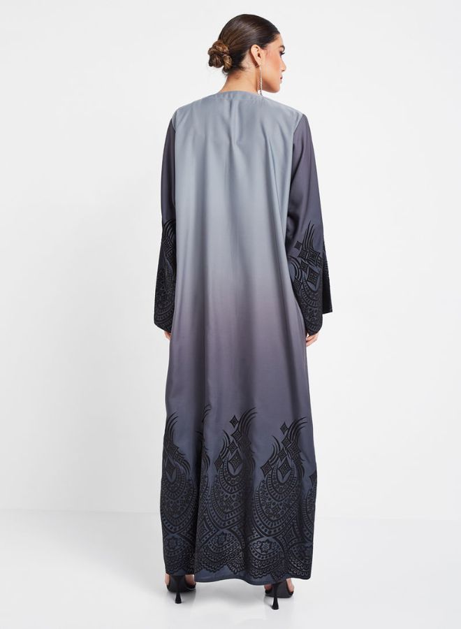 Bousni Applique V-Neck Abaya Grey/Black - Image 2