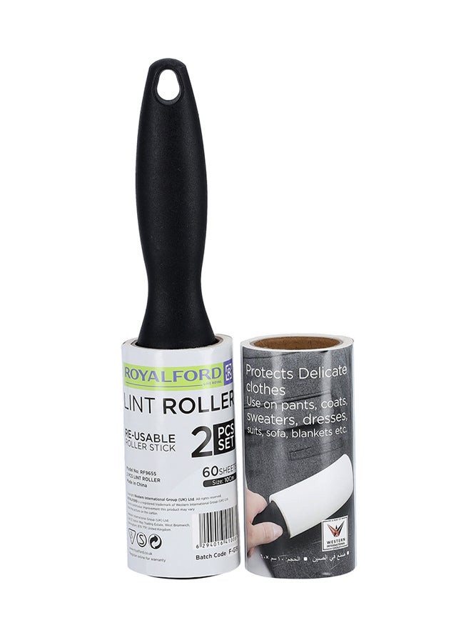 Royalford - 2 Pieces Set Lint Roller Re-Usable Roller Stick 60 Sheets 10Cm Multicolor Black/White 10cm - Image 1