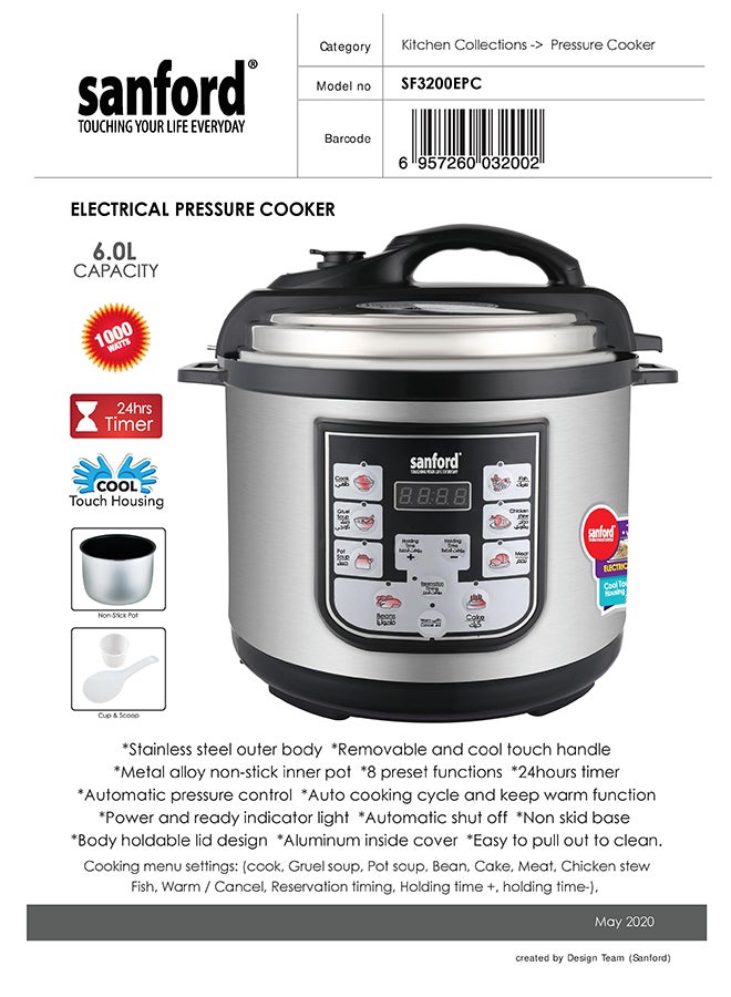 Sanford - Electrical Pressure Cooker with 8 Preset Functions 6.0 L 1000.0 W SF3200EPC Black/Silver - Image 1
