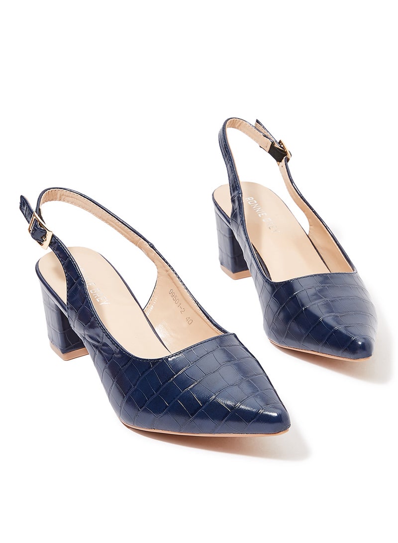 Textured Block Heel Slingbacks Navy