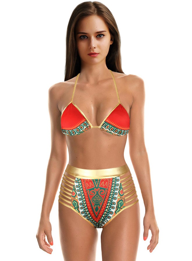 جوي شيك بيكيني مكشوف الظهر بتصميم مجوف ومزين بطبعة متباينة لون برتقالي/ذهبي/أزرق - Image 2