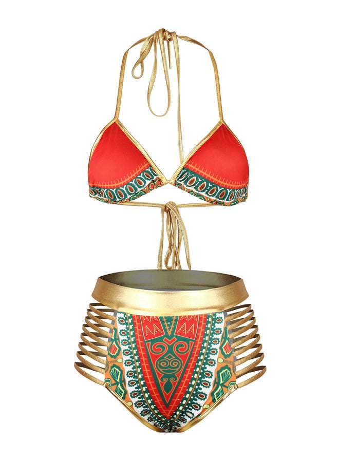 جوي شيك بيكيني مكشوف الظهر بتصميم مجوف ومزين بطبعة متباينة لون برتقالي/ذهبي/أزرق - Image 1