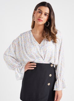 V-Neck All-Over Print Blouse Ecru