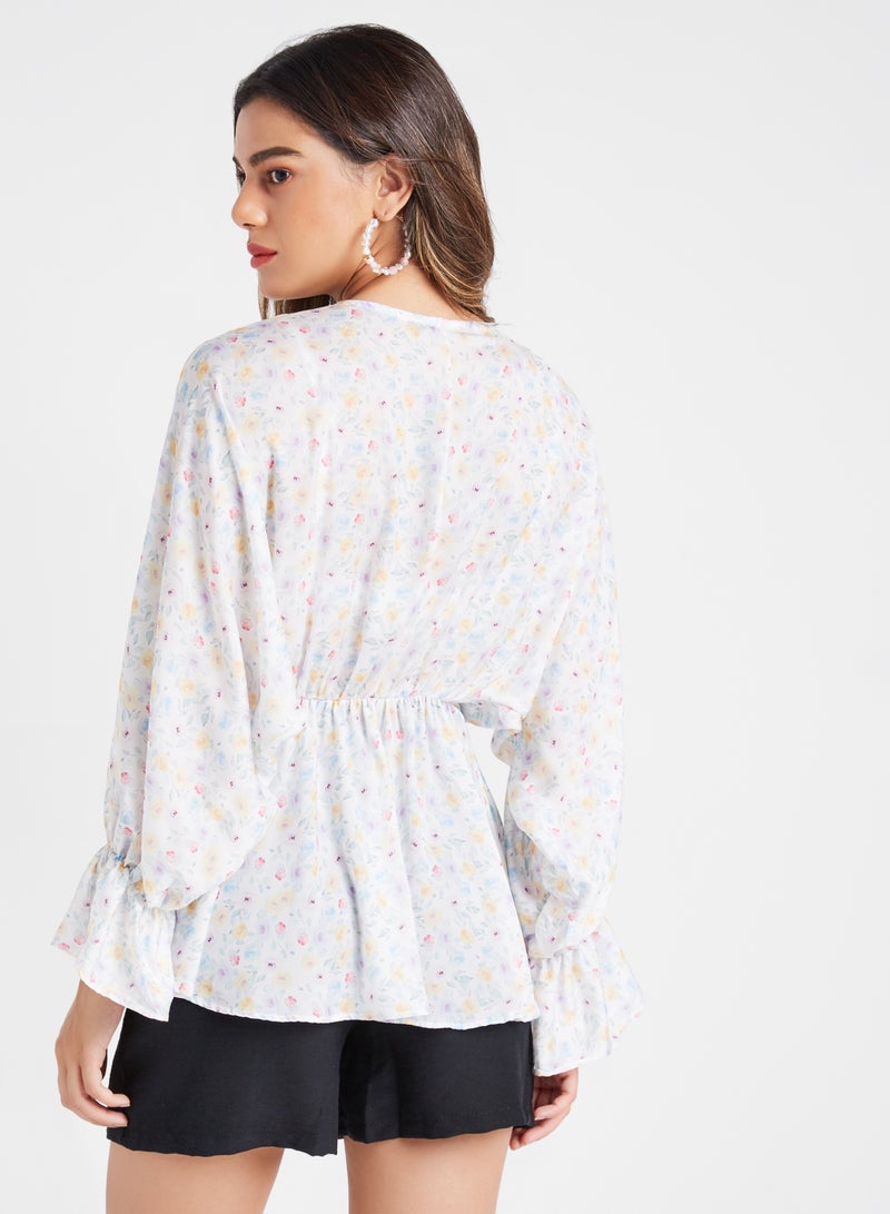 QUZU - V-Neck All-Over Print Blouse Ecru - Image 1