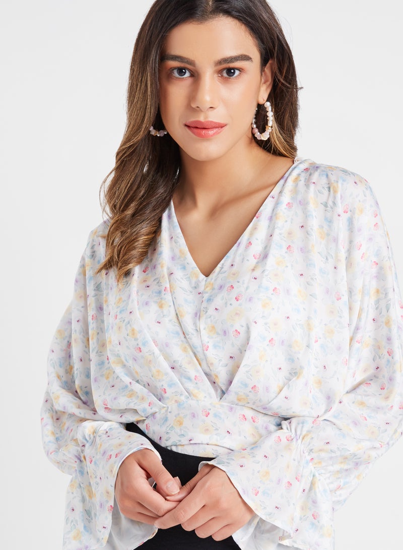 QUZU - V-Neck All-Over Print Blouse Ecru - Image 1