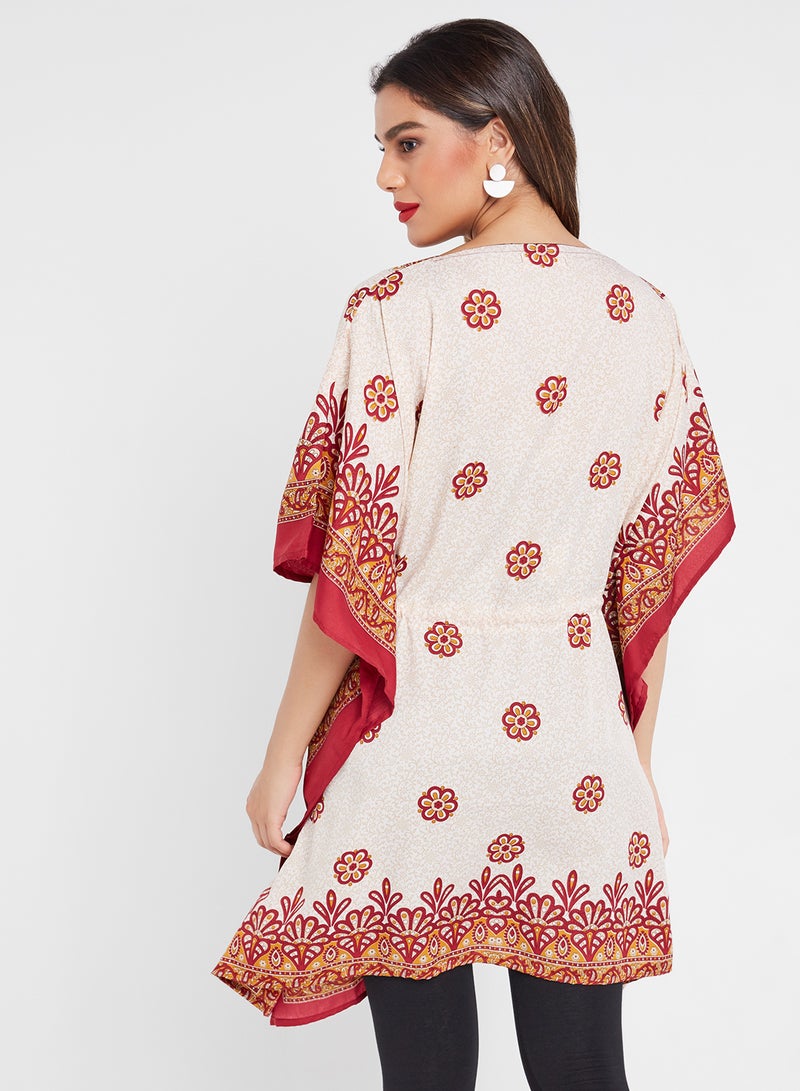 COUTURE BY RABIA Allover Print Viscose Kaftan Top Beige/Maroon - Image 2