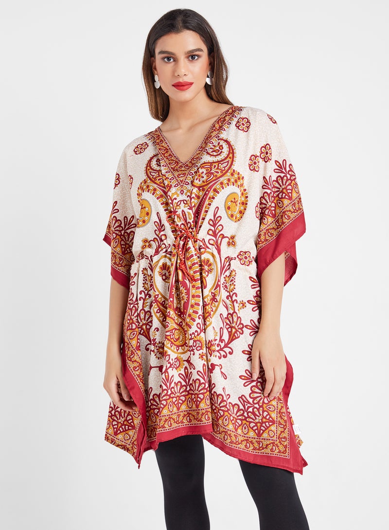 COUTURE BY RABIA Allover Print Viscose Kaftan Top Beige/Maroon - Image 1