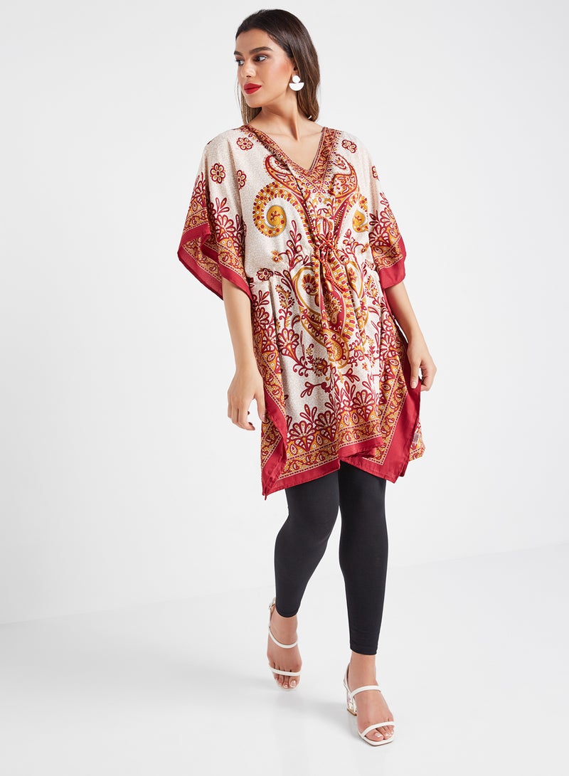 COUTURE BY RABIA Allover Print Viscose Kaftan Top Beige/Maroon - Image 3