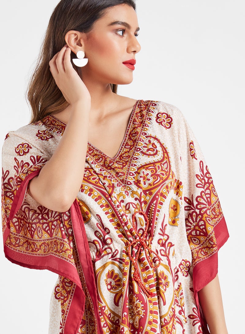COUTURE BY RABIA Allover Print Viscose Kaftan Top Beige/Maroon - Image 4