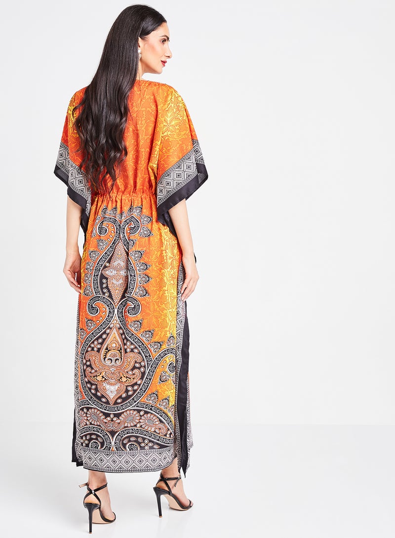 COUTURE BY RABIA - Waist Tie-UP Printed Kaftan Orange - Image 1
