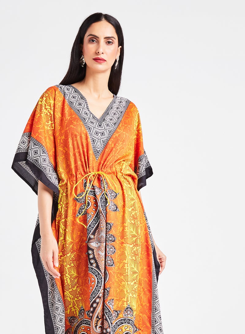COUTURE BY RABIA - Waist Tie-UP Printed Kaftan Orange - Image 1