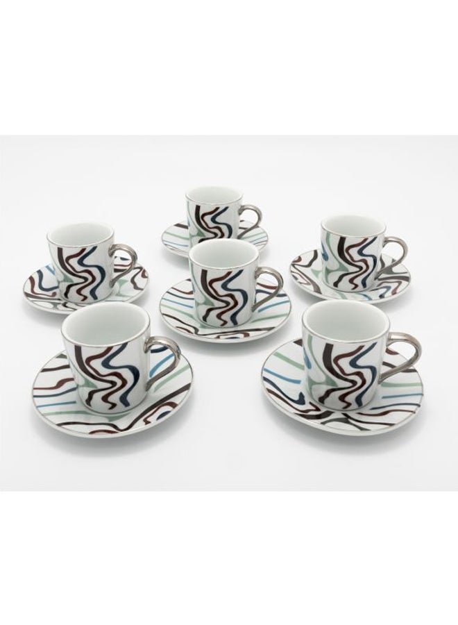 Dania - 12-Piece Coloured Pattern Coffee Cup And Saucer Set White/Brown/Blue 6x Coffee Cups 100 ml , 6x Saucer 12 cm - Image 1