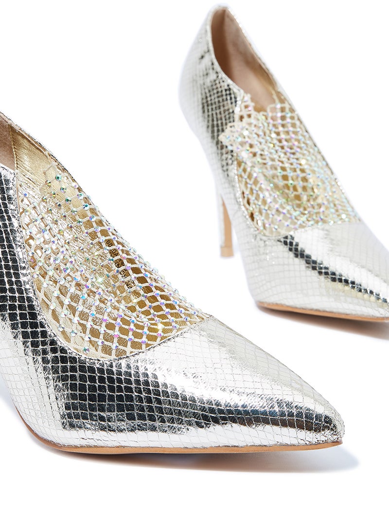 Embellished Mesh Pumps Gold