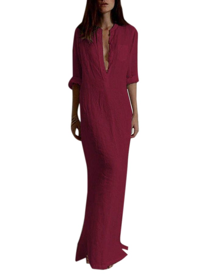 Solid Plunge Neck Dress Burgundy - Image 1