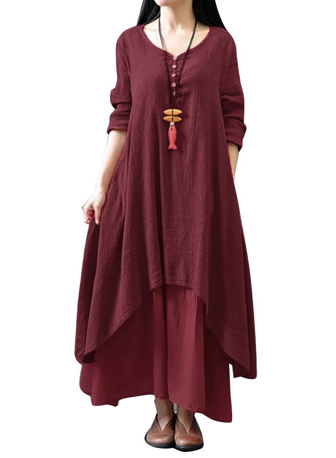 فستان سادة بطبقتين خمري - Image 1