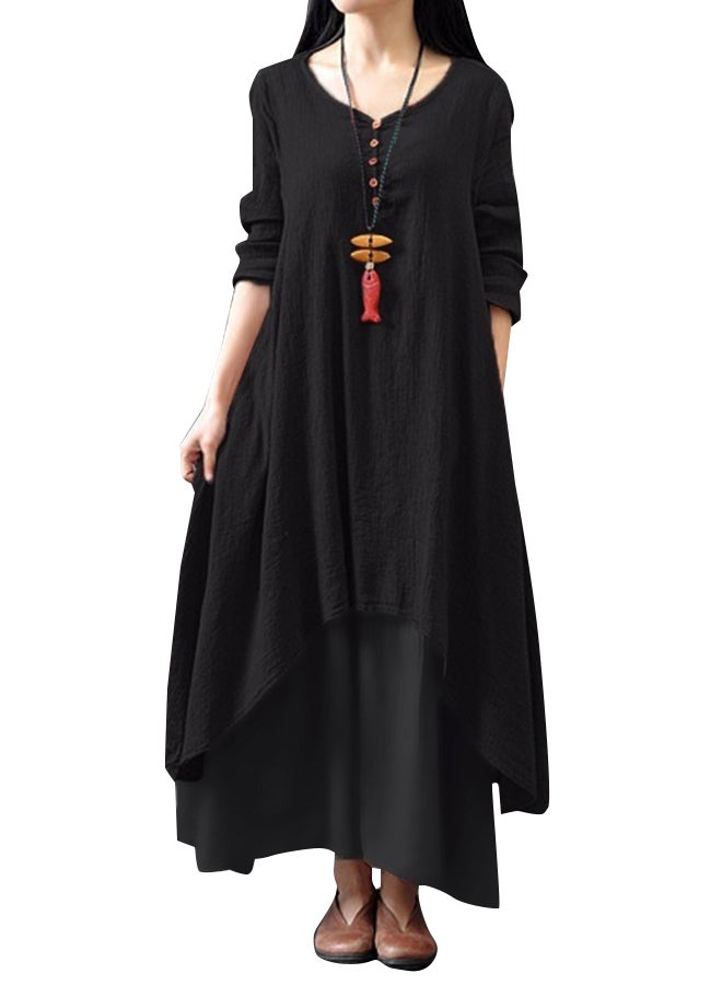 فستان سادة بطبقتين أسود - Image 1