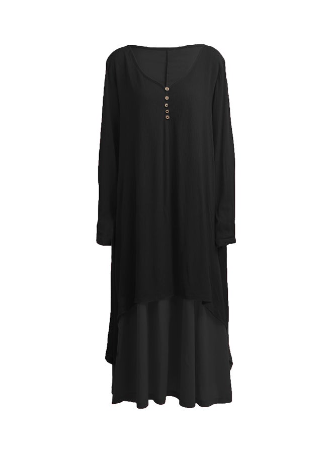 فستان سادة بطبقتين أسود - Image 2