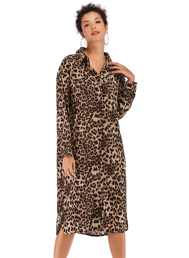 Leopard Print Shirt Dress Brown  - Image 1
