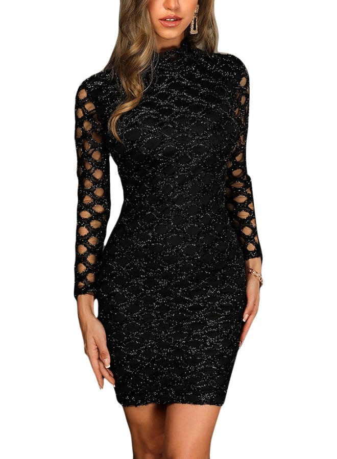 Eylelet Patterned Bodycon Mini Dress Black - Image 1
