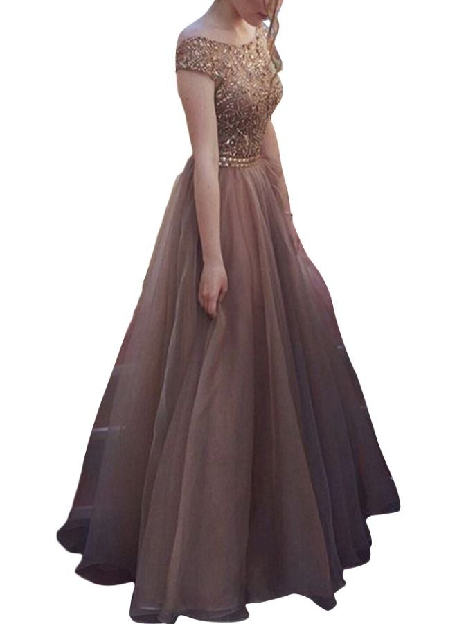 Off-Shoulder Evening Dress Beige  - Image 1
