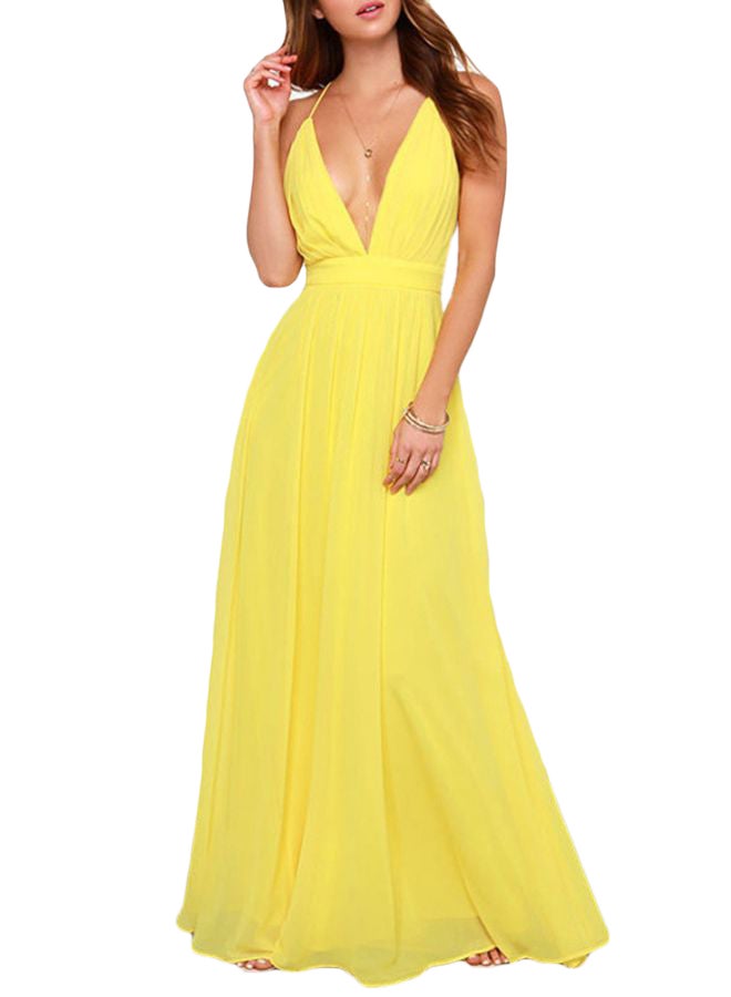 Deep V-Neck Backless Dress Yellow - Image 1