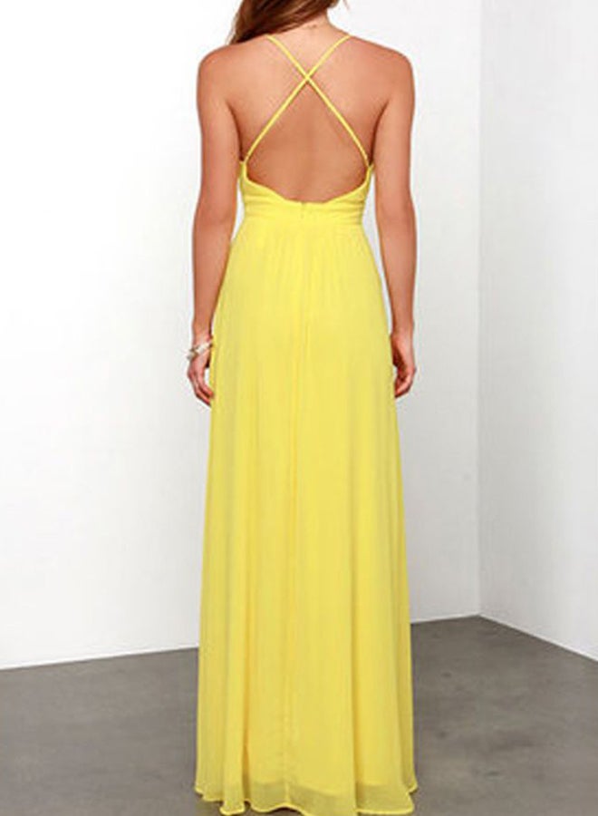 Deep V-Neck Backless Dress Yellow - Image 2